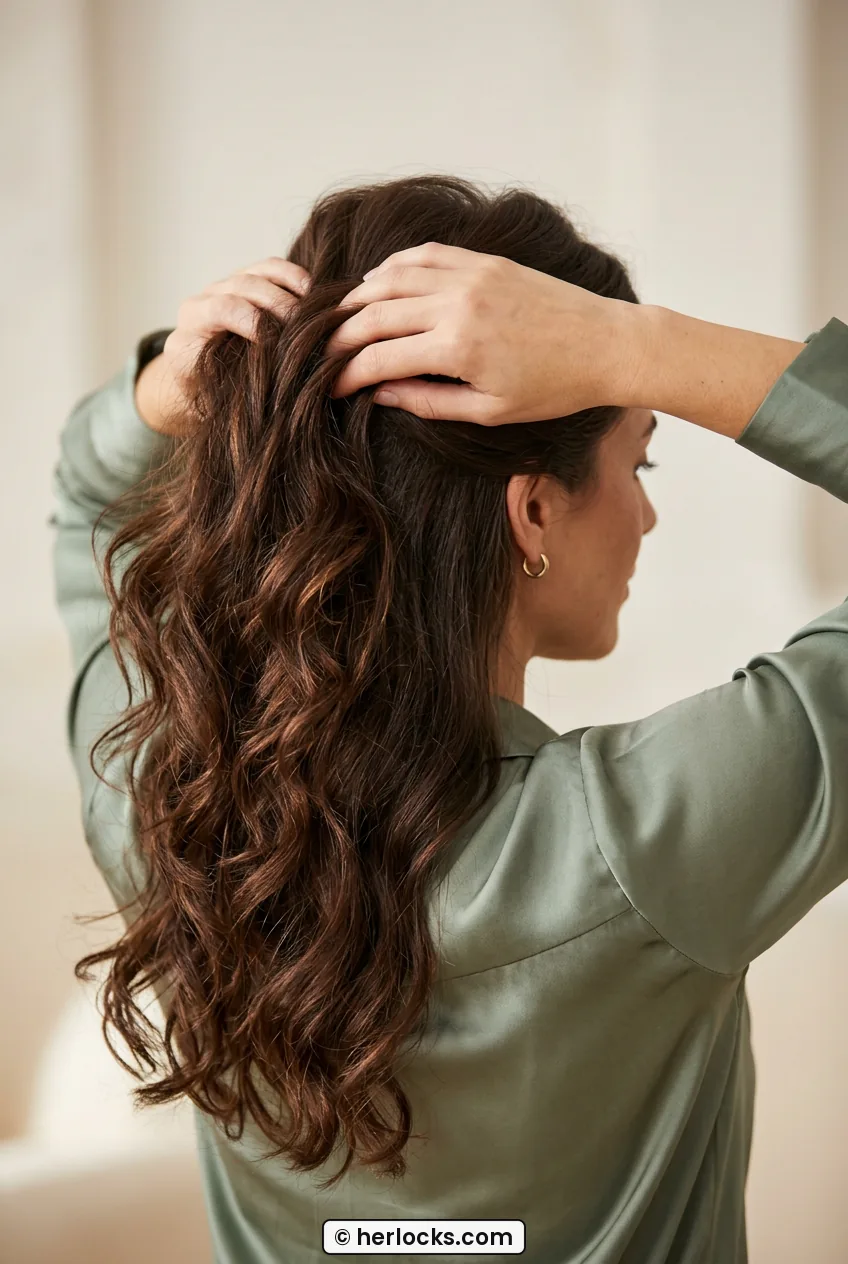 Back view of woman with long dark brown soft curls and lifted crown volume