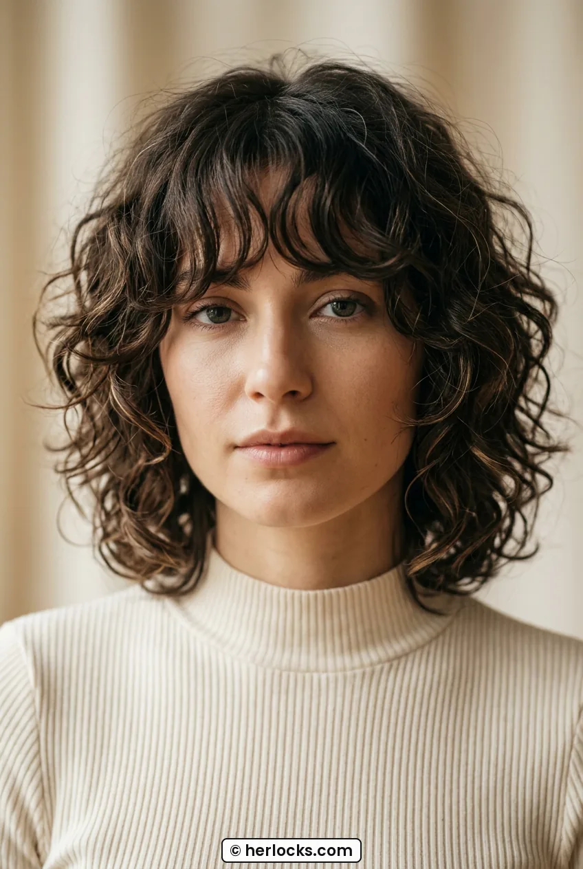 Woman with soft curly wolf bob and grown-out curtain bangs facing camera