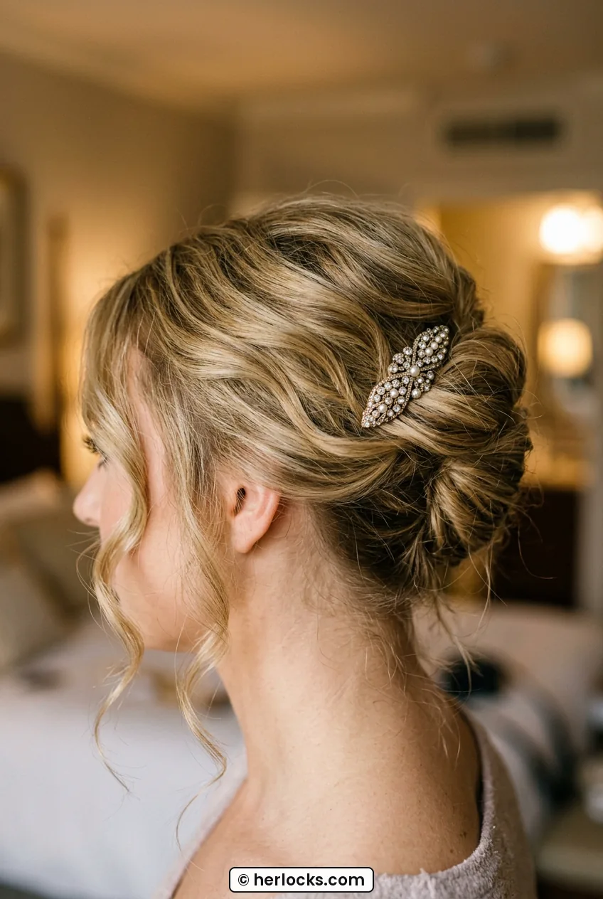Woman with soft French twist and loose face framing curls in warm light