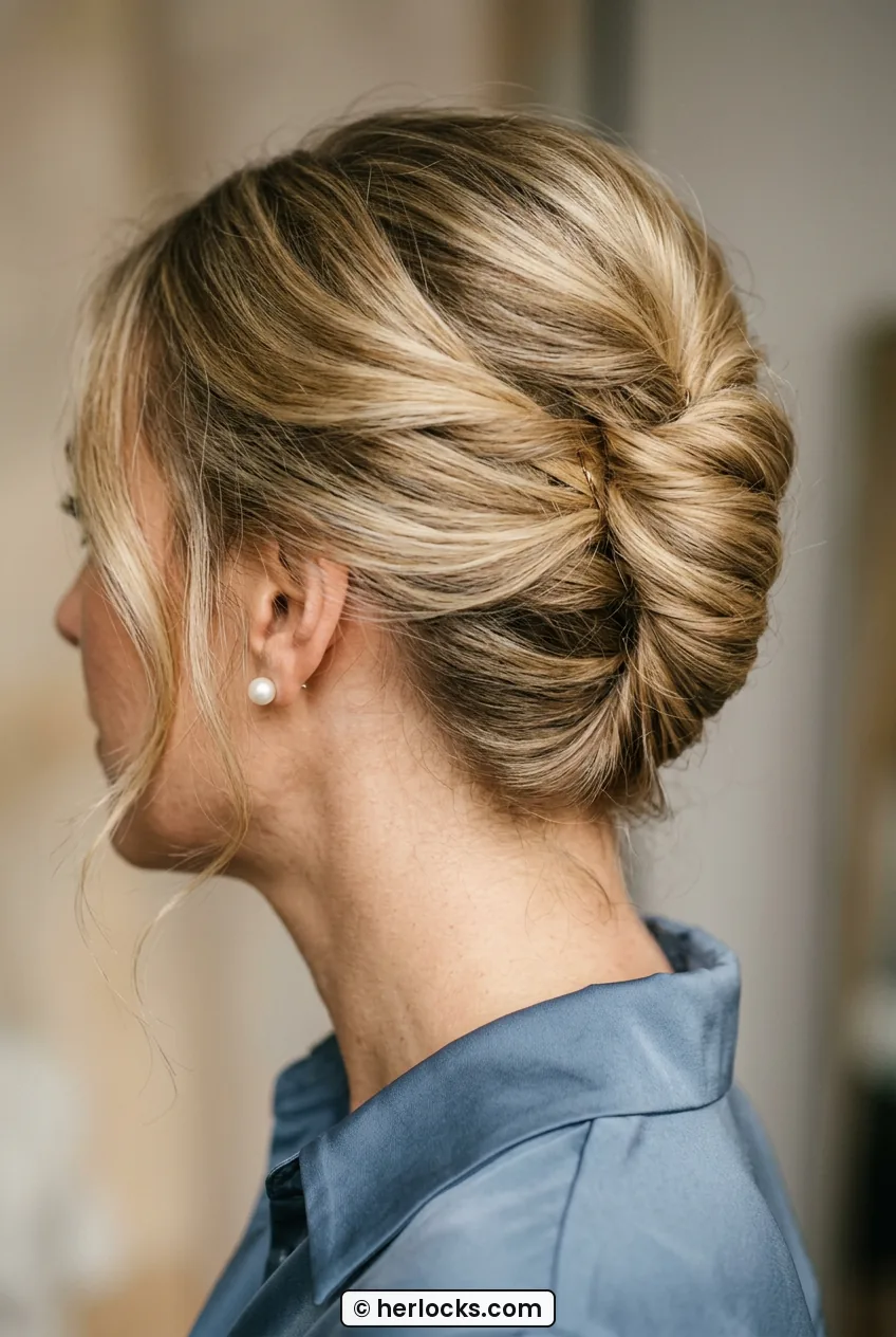 Woman with soft blonde French twist shown in side profile with pearl earring