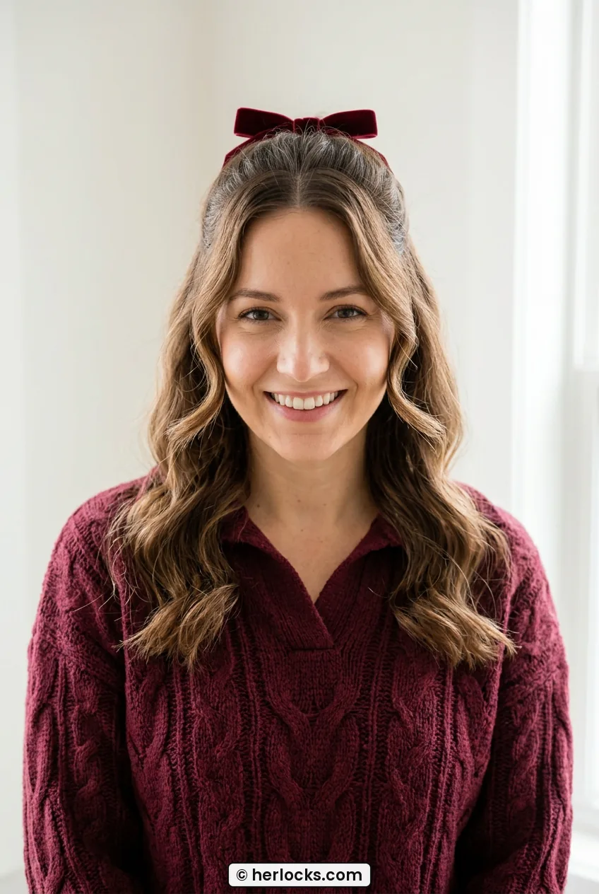 Woman with soft face framing waves and small bow wearing burgundy knit