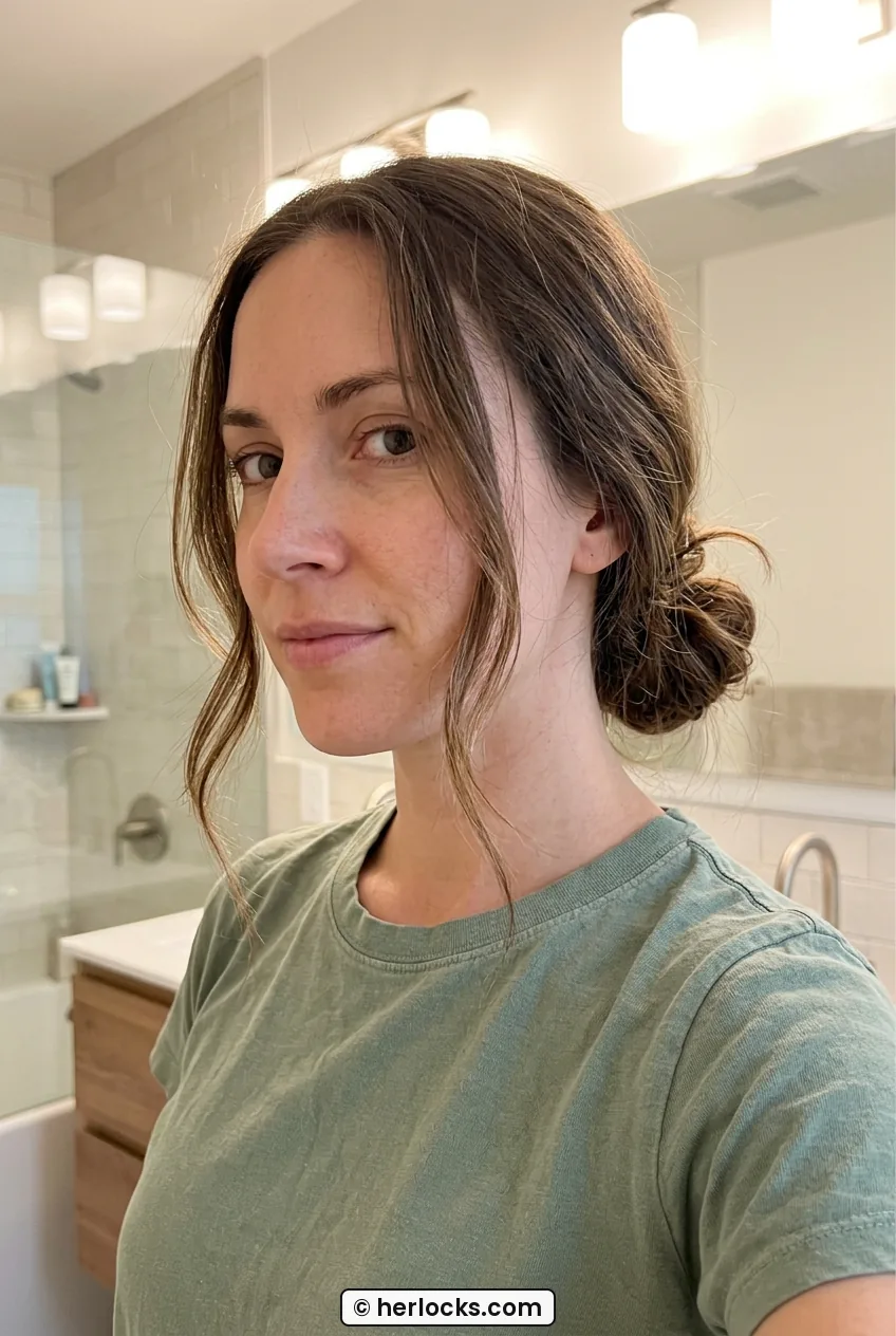 Close portrait of woman with long hair in soft low bun with loose front pieces