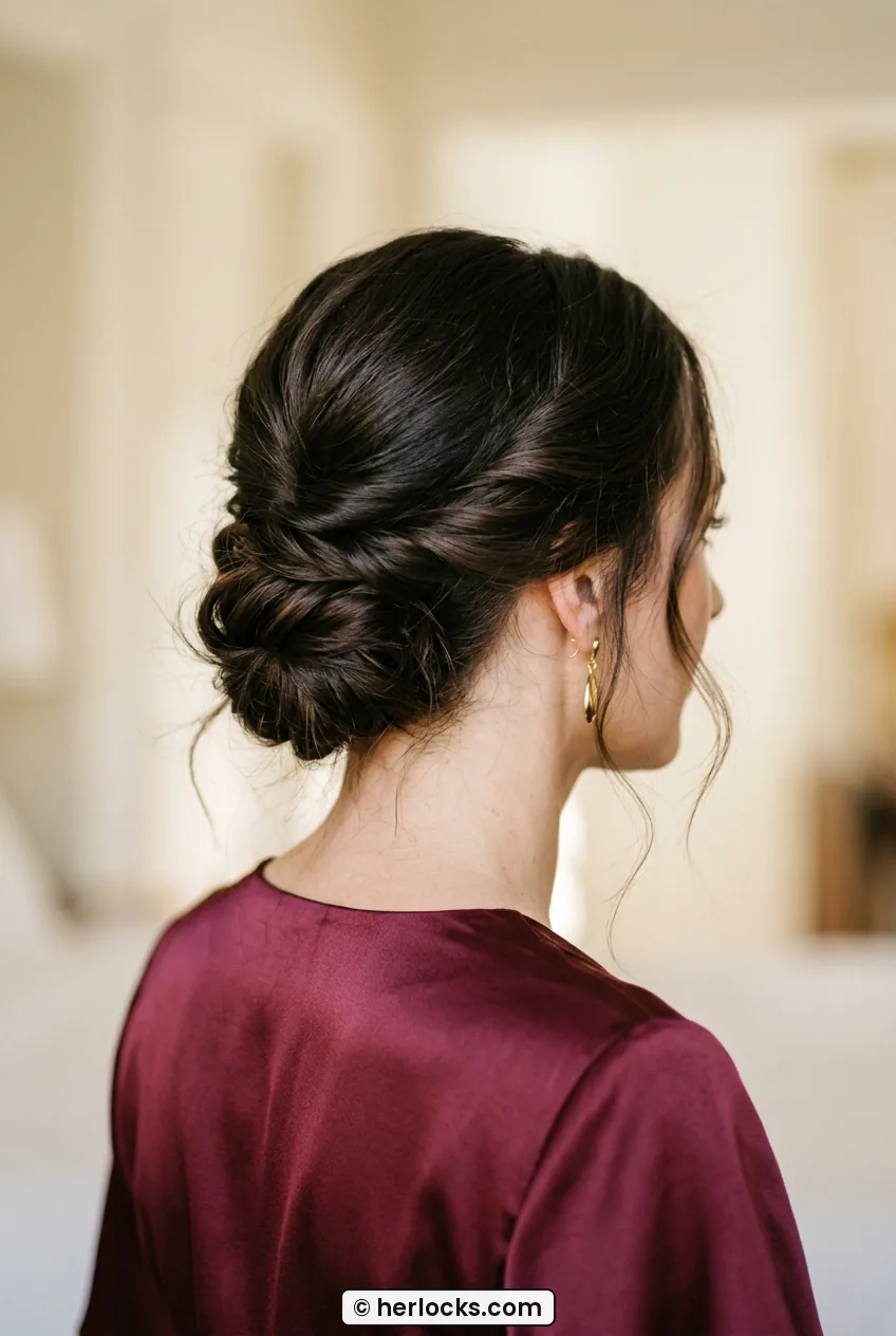 Finished low twisted updo on long dark hair with soft face-framing wisps