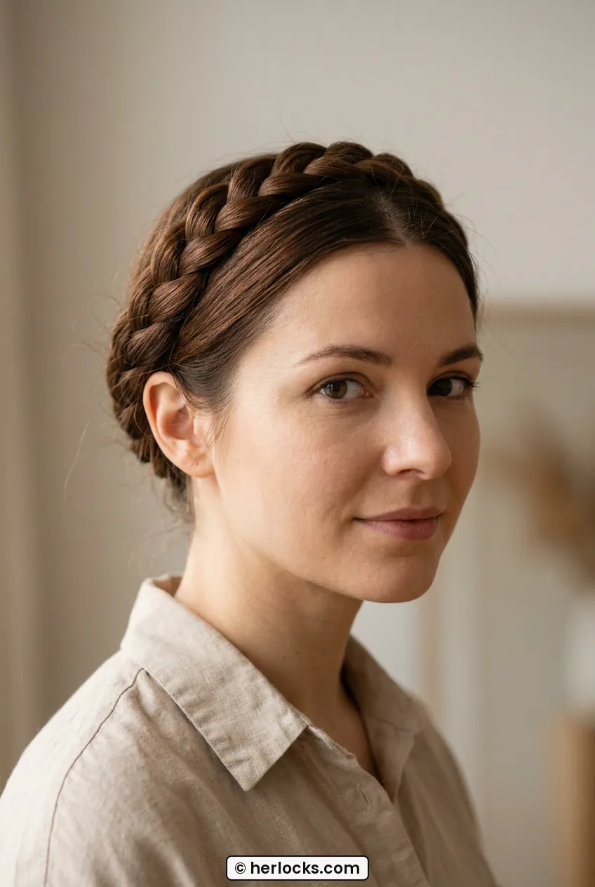 Woman with chestnut hair in milkmaid braids pinned over head