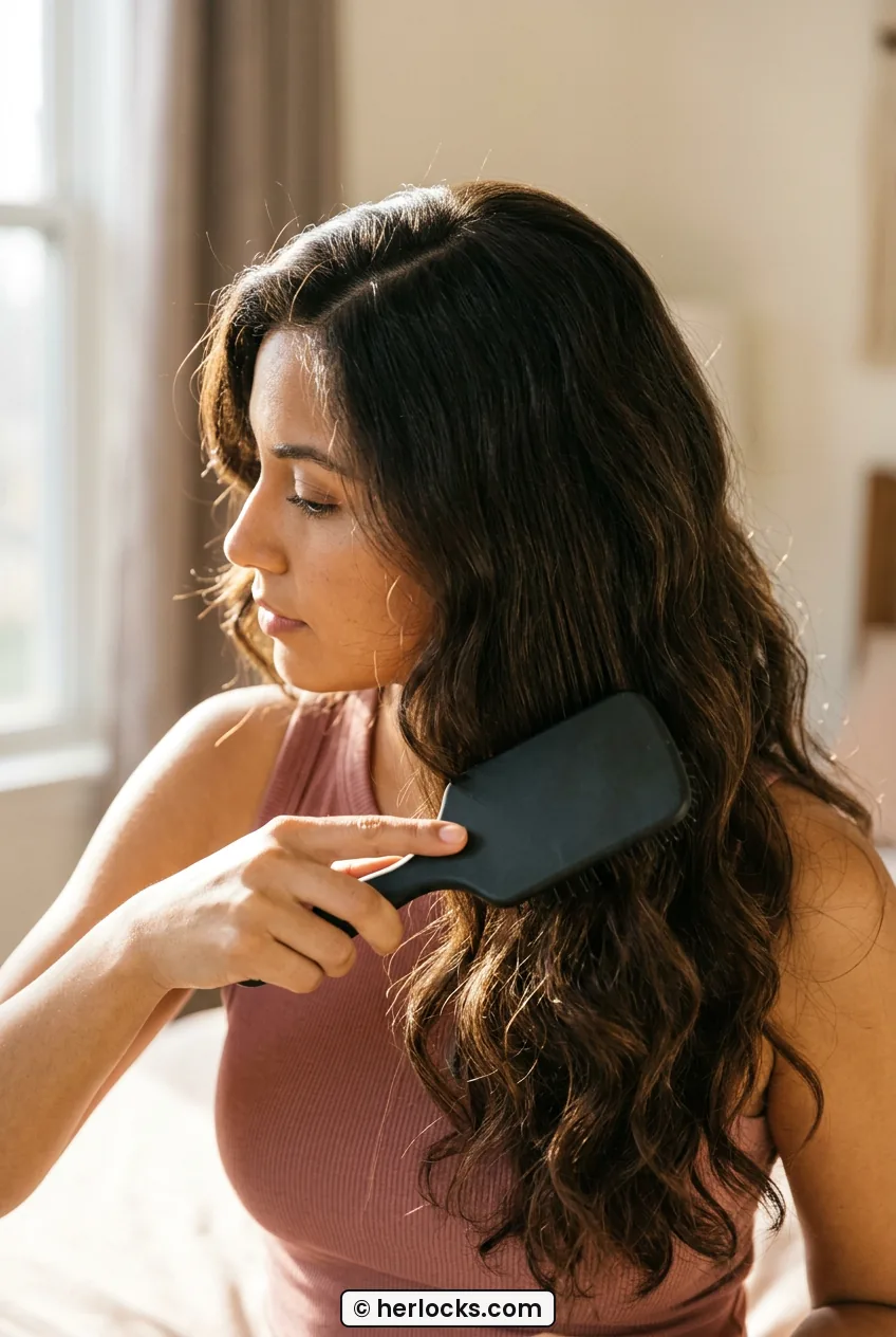Side view of woman smoothing soft side part in long wavy hair