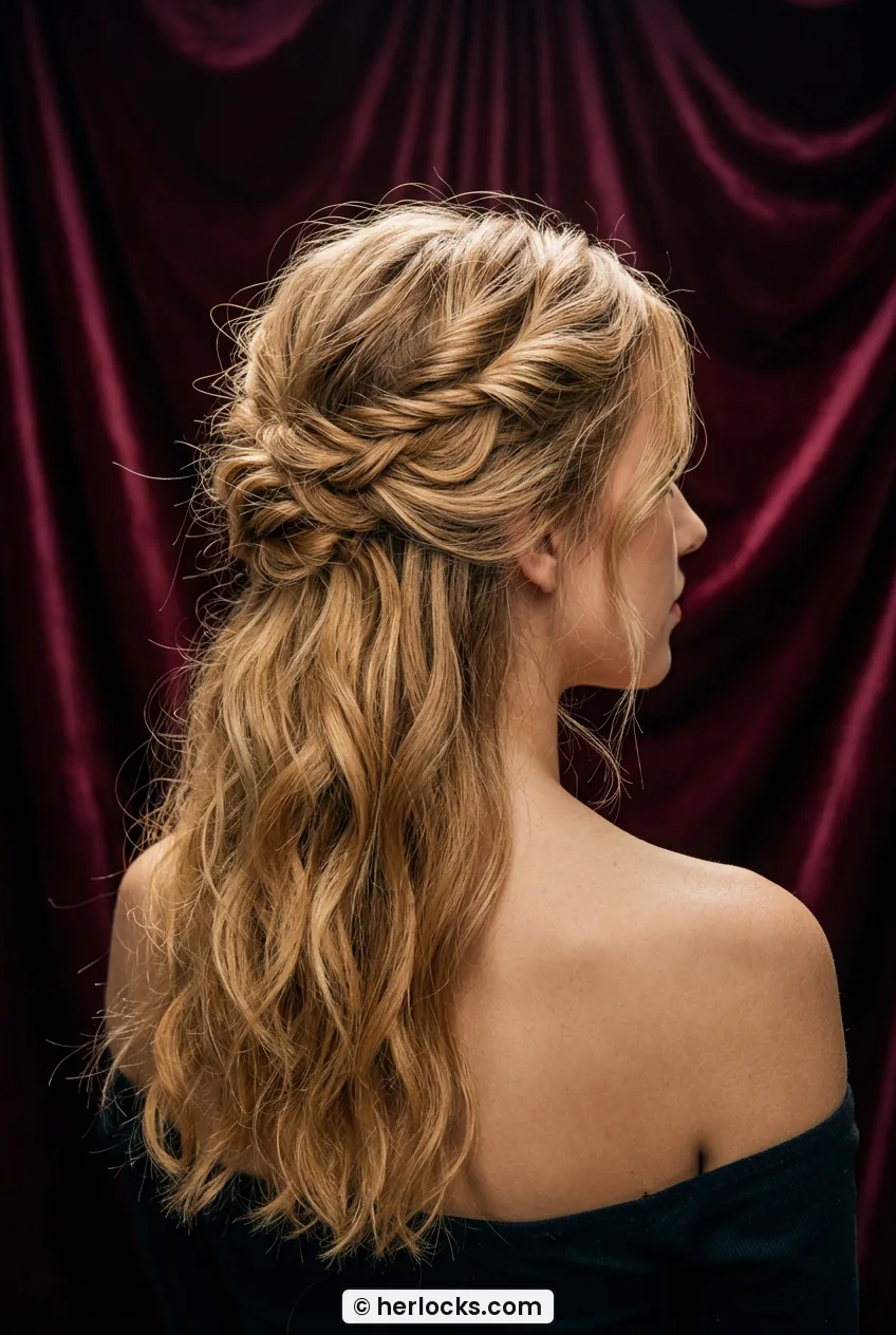 Over shoulder view of woman with soft twisted half up style and textured long blonde hair