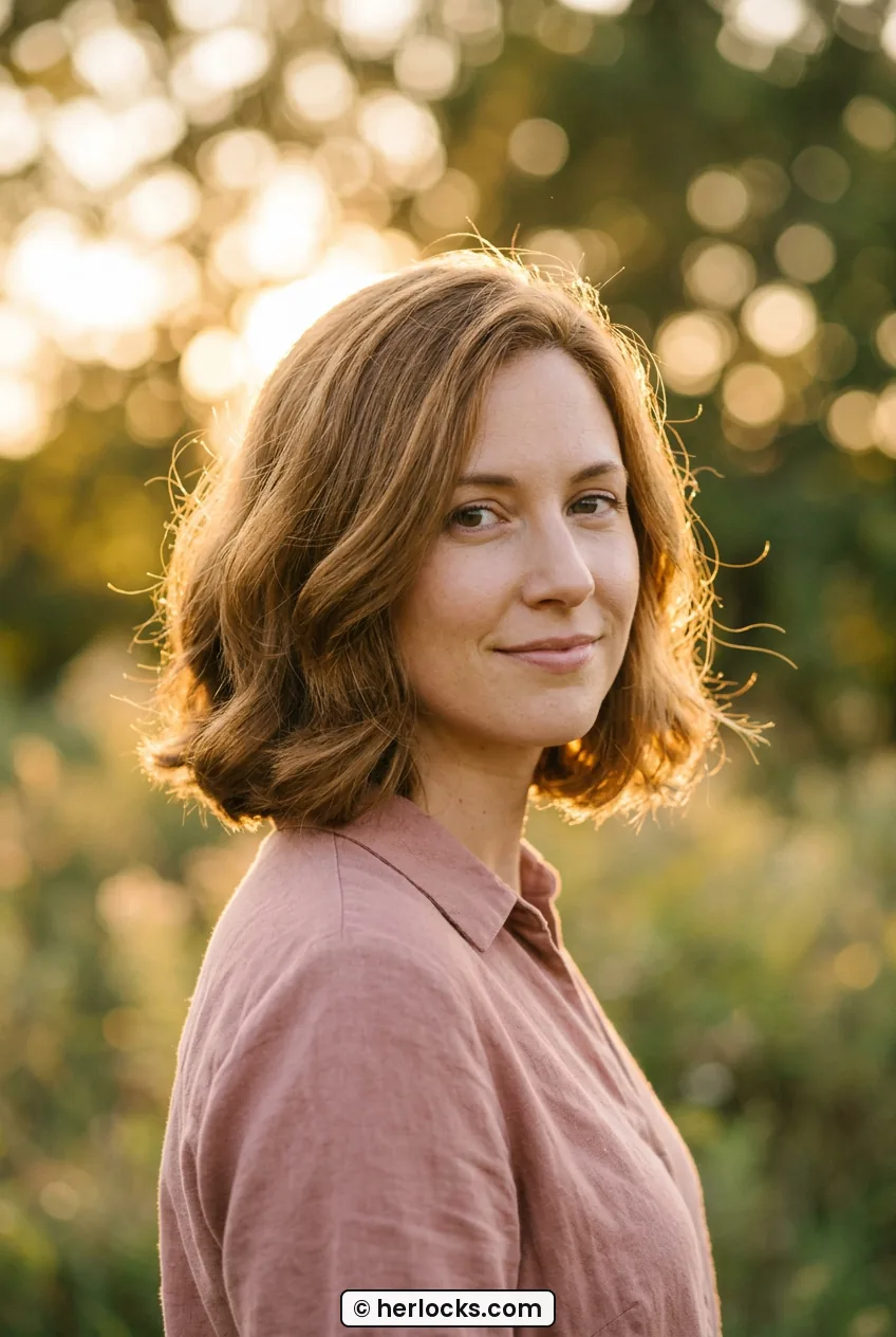 Woman with voluminous collarbone bob lob showing soft rounded fullness outdoors
