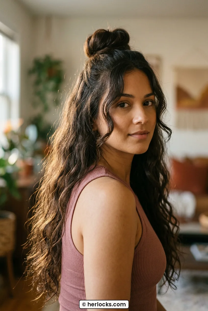 Woman with finished half up bun and soft waves framing her face