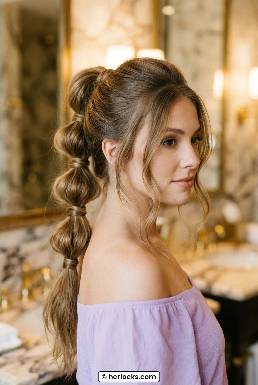 Woman with wrapped bubble ponytail and soft volume in chest up portrait