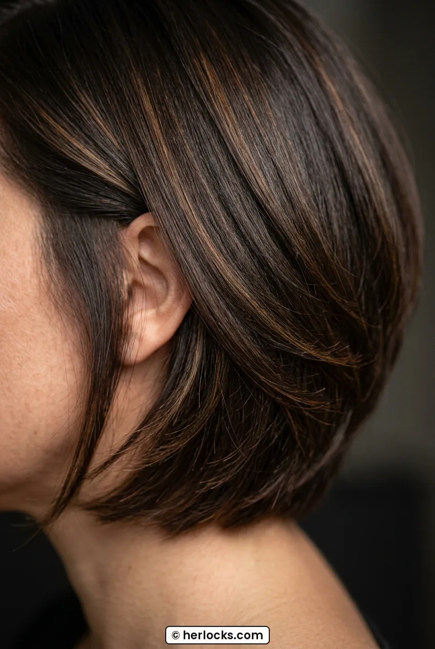 Side view of woman with softly stacked bob showing smooth lift at the nape