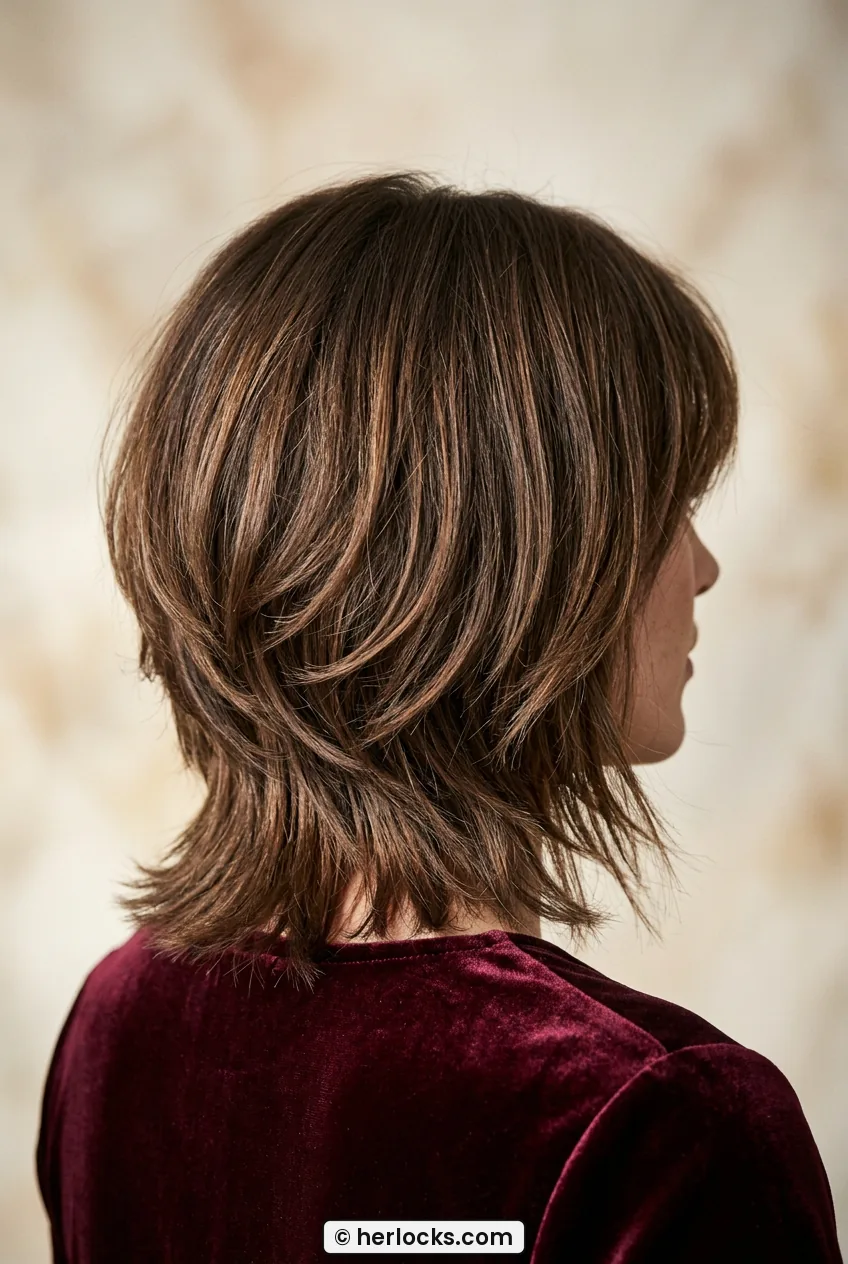 Back view of woman showing stacked nape shape and textured ends of layered bob