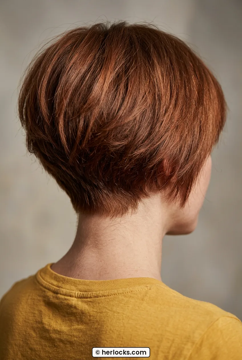 Back view of woman showing soft stacked nape and tapered layers on short bob