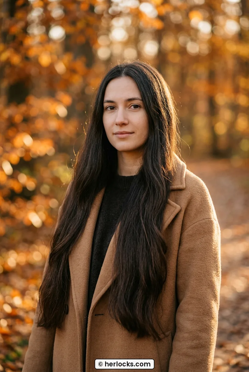 Woman with very long one-length dark hair worn over a camel coat
