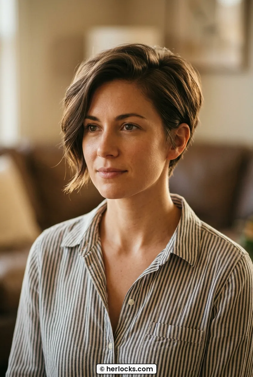 Woman with long pixie showing tapered back and side swept length in detail