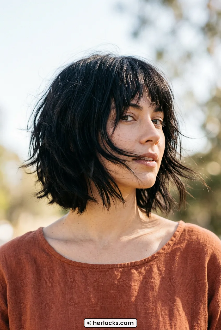 Woman seen chest-up showing tapered nape and full length of black French bob in motion