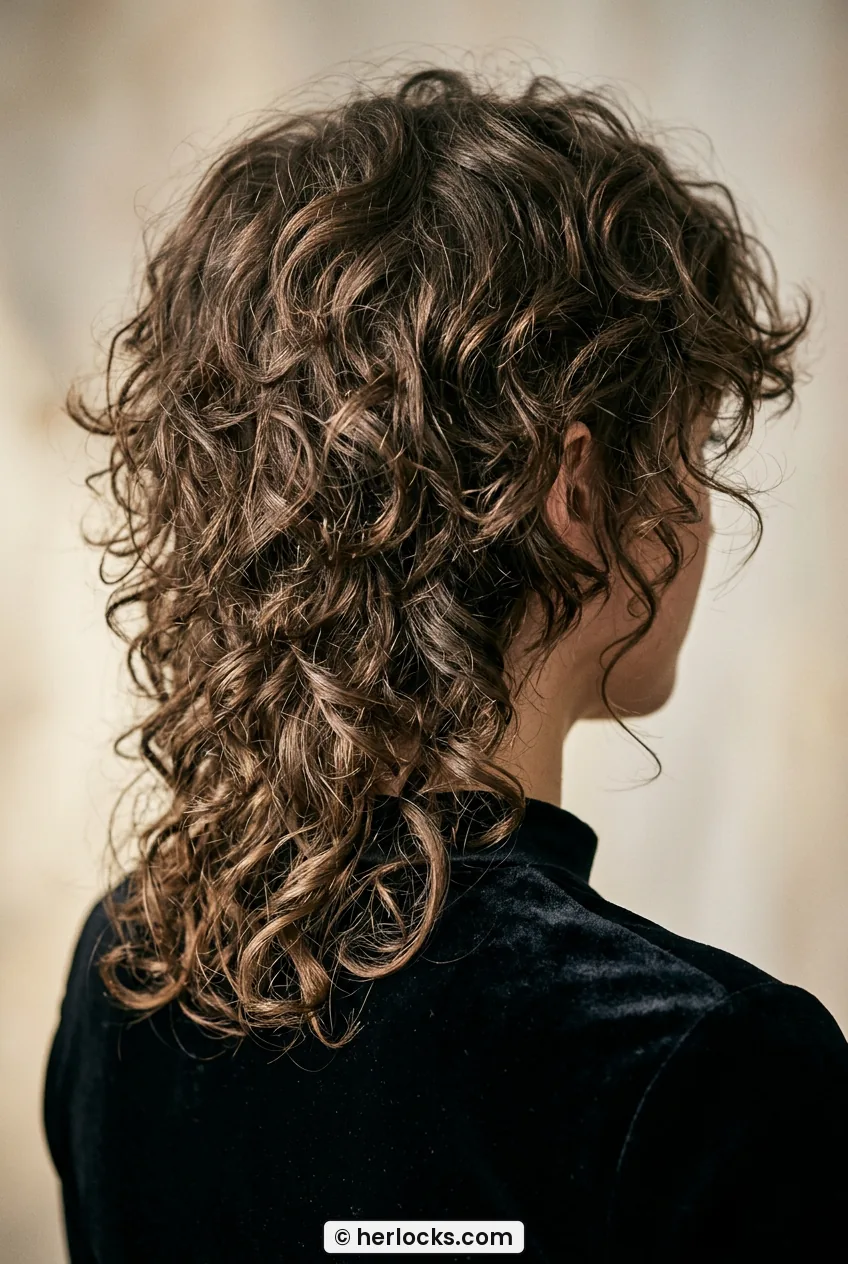 Back view of curly wolf cut with tapered nape and varied curl lengths