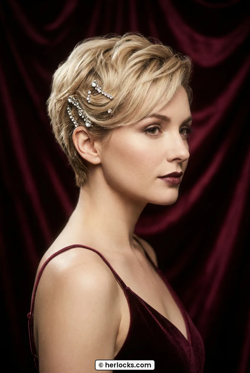 Woman with textured blonde pixie crop decorated with small crystal pins