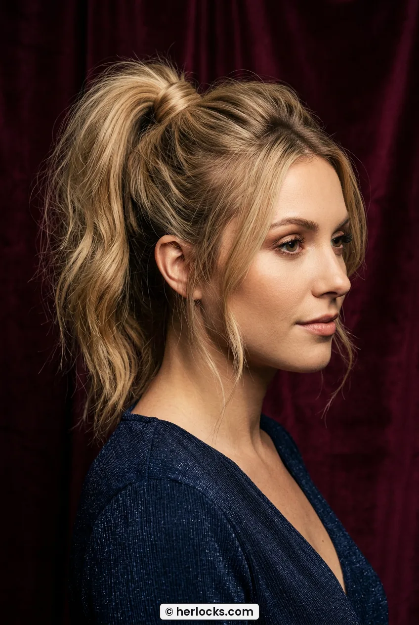 Woman with medium honey blonde textured high ponytail showing crown lift from side