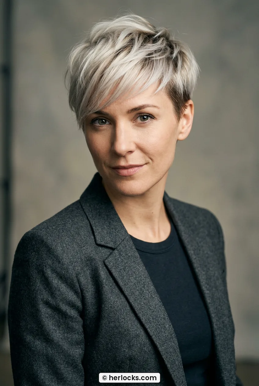 Woman with short platinum pixie showing textured height on top and tapered sides