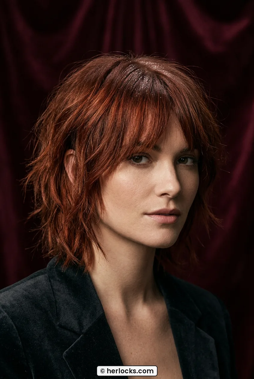Woman with auburn textured shag and subtle glitter along center part