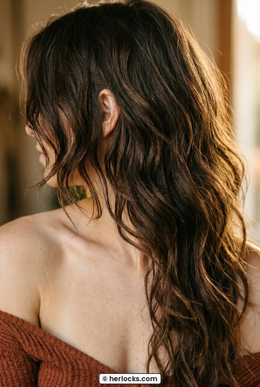 Woman with thick dark brown shaggy layers flowing over bare shoulder showing movement