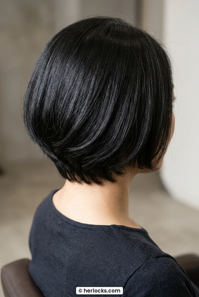 Back view of woman with thick sleek jaw-length bob showing tapered ends