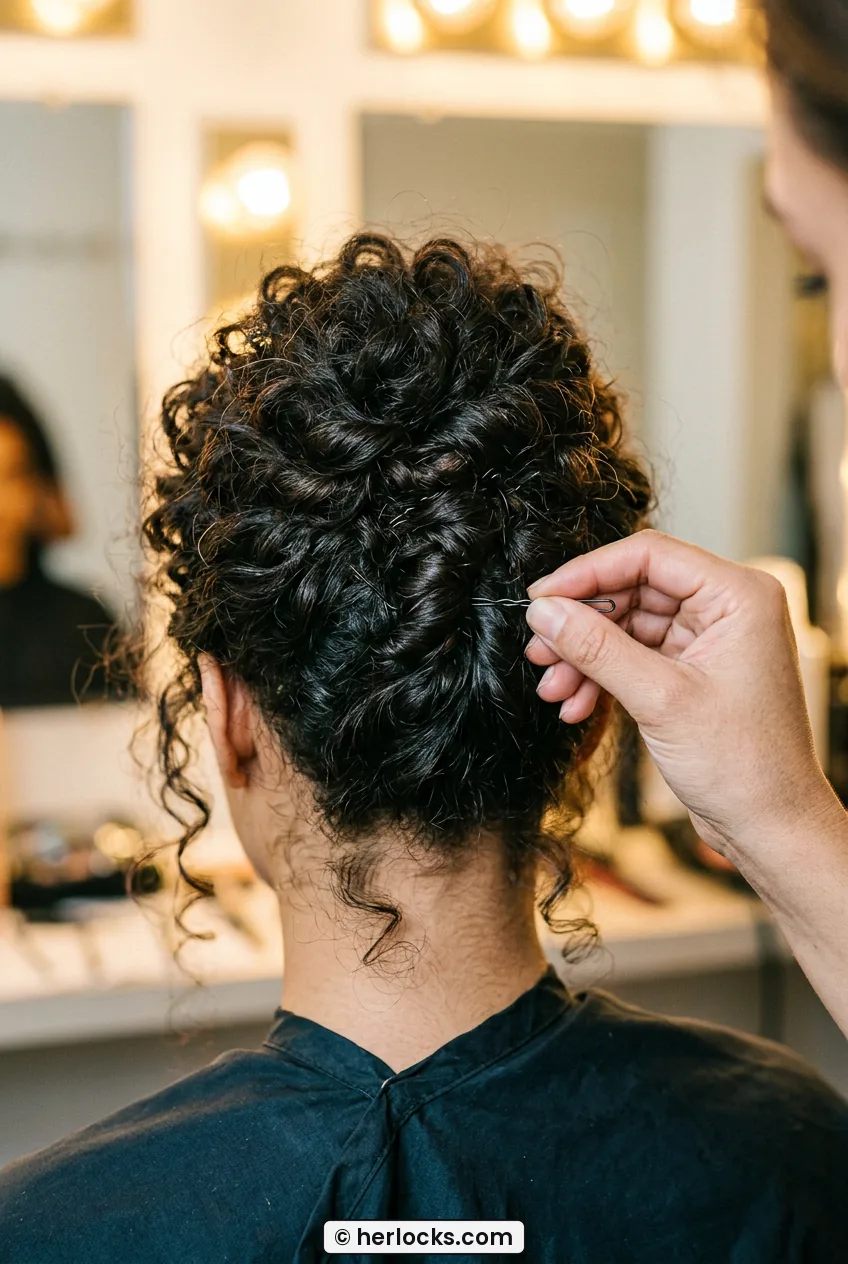Close-up of hands pinning twisted curly section into low updo at nape