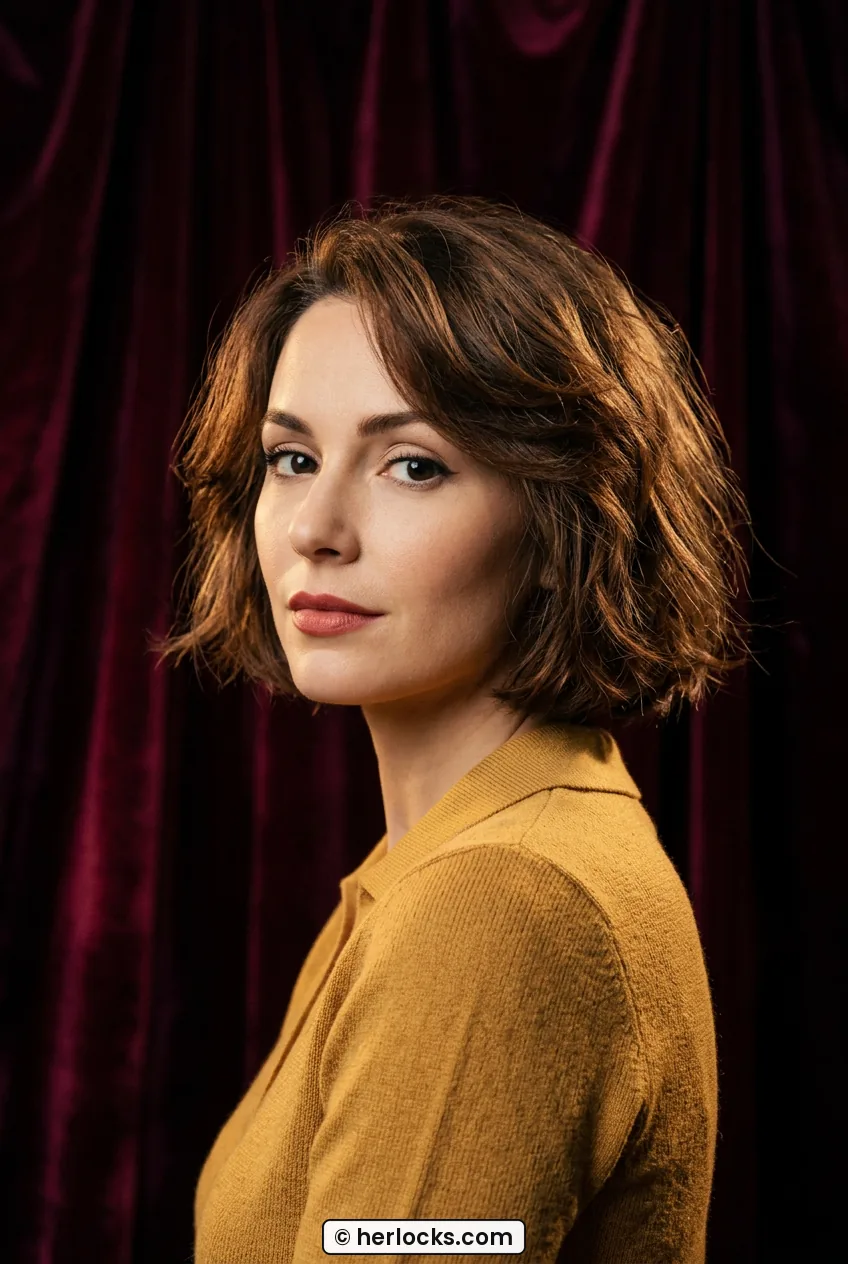 Woman with tousled chestnut chin-length bob showing soft face-framing layers and volume