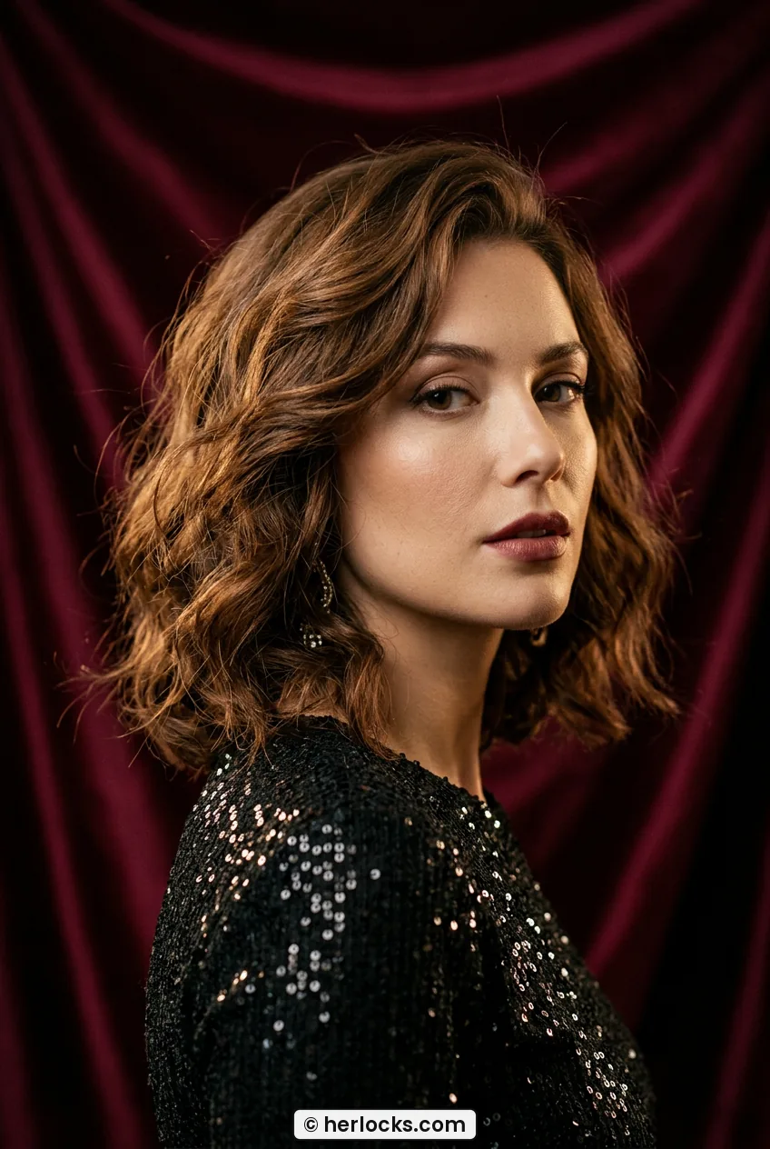 Woman with medium tousled chestnut waves showing soft cheekbone bend in three quarter view