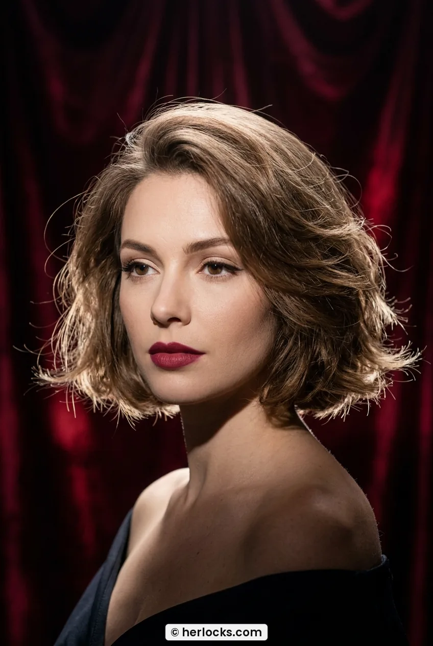 Woman with soft tousled light brown bob with feathered ends near chin in studio portrait