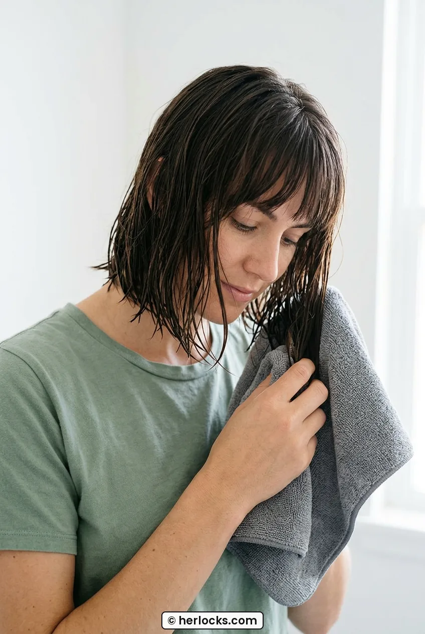 Woman gently squeezing damp chin-length bob ends with a towel