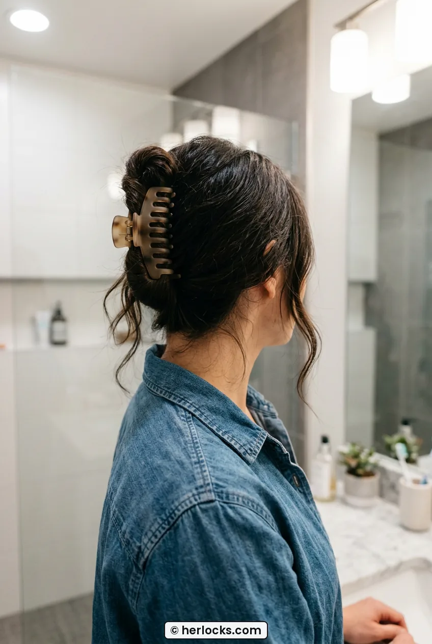 Back view of woman with long hair secured in twisted claw clip updo in bathroom