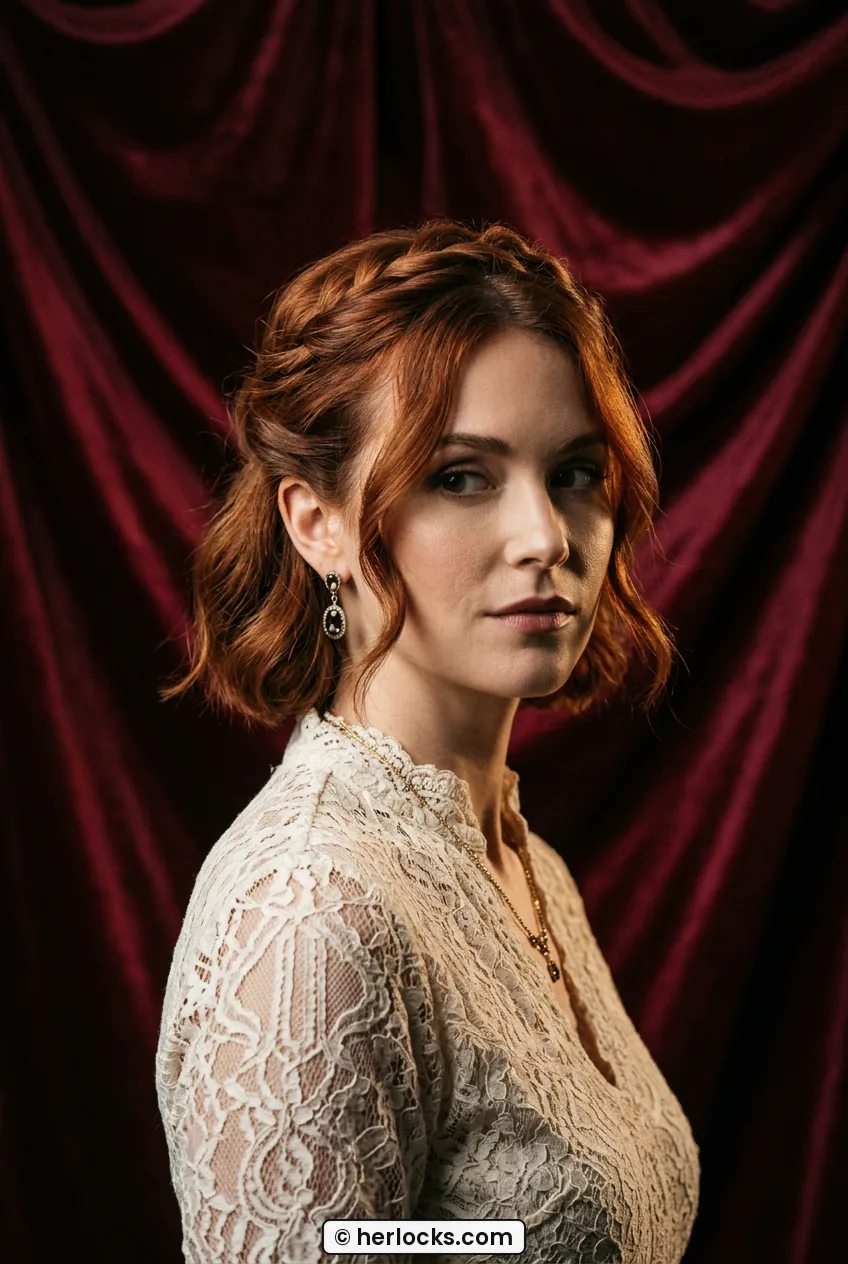 Woman with short auburn bob styled with twisted crown half-up detail