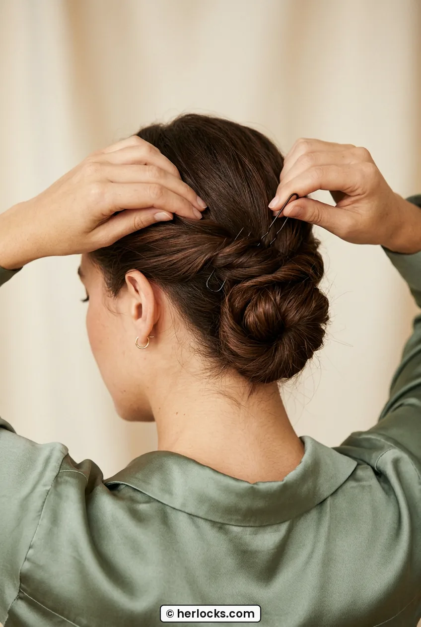 Close-up from behind showing twisted sections and pins in low nape updo