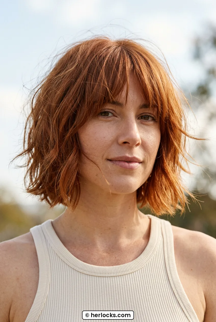 Woman with copper shaggy bob styled with loose bends and undone ends in natural light