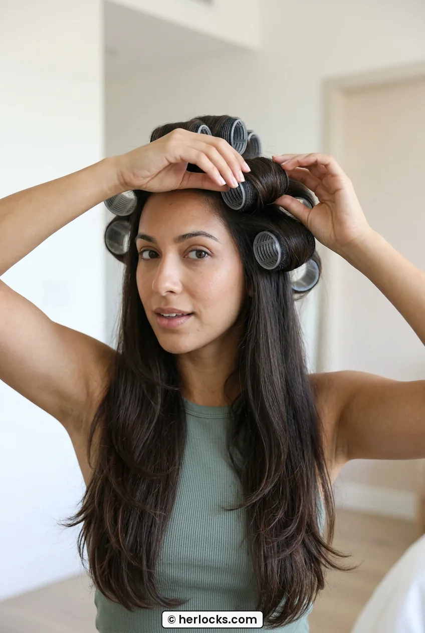 Woman with velcro rollers set in long layered hair while cooling and setting