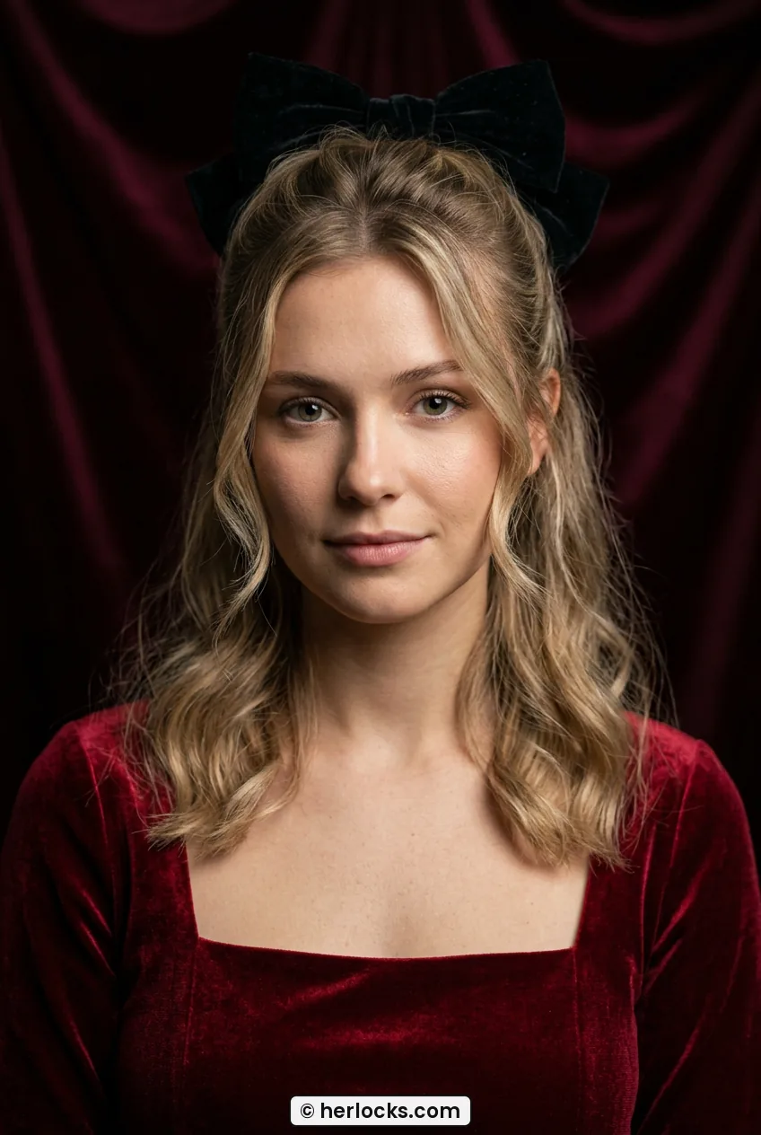 Woman with medium blonde half up hairstyle tied with large black velvet bow front view