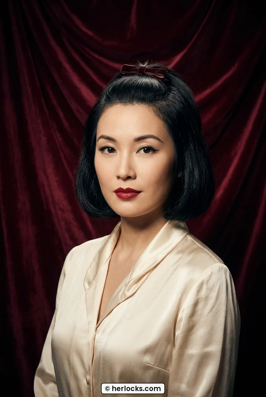 Woman with chin-length black bob styled in half-up with velvet bow