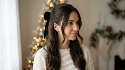 Woman with long dark brown half-up hair wearing black velvet bow at crown in soft light