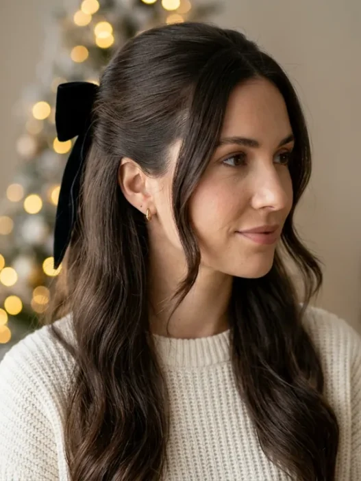 Woman with long dark brown half-up hair wearing black velvet bow at crown in soft light