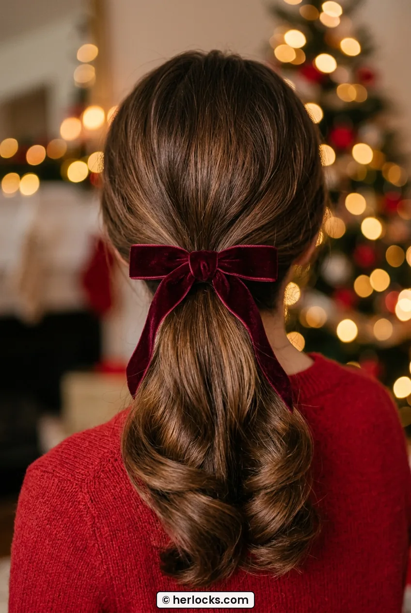 Back view of low ponytail updo with burgundy velvet bow and curled ends