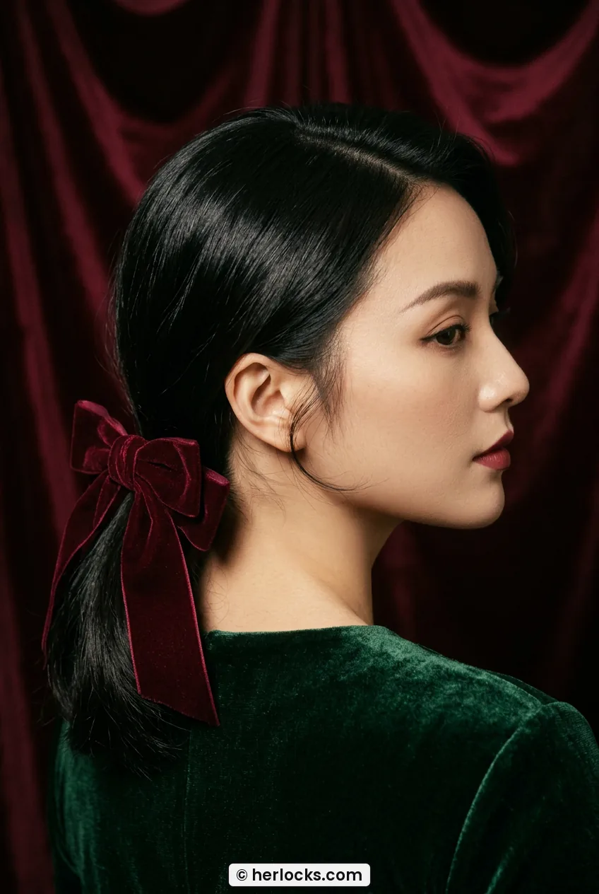 Woman with glossy black low ponytail styled with oversized burgundy velvet bow