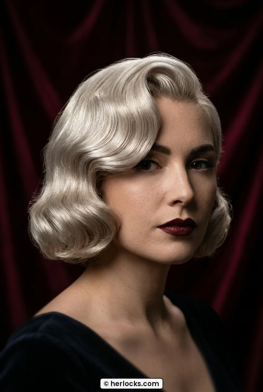 Woman with platinum sculpted vintage wave over one eye on short bob