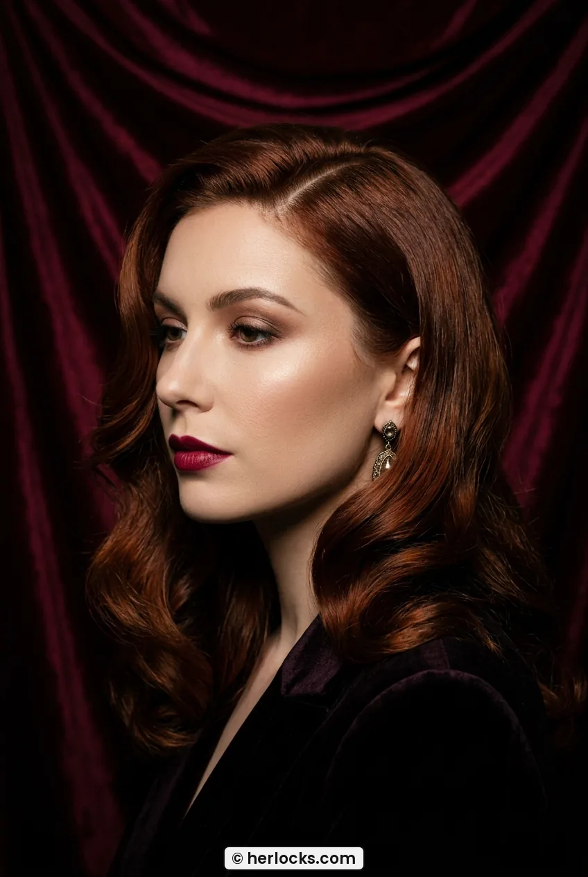 Woman with deep side part vintage waves curving at cheekbone in side portrait