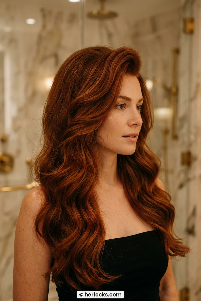 Woman with voluminous side swept curls over one shoulder in powder room