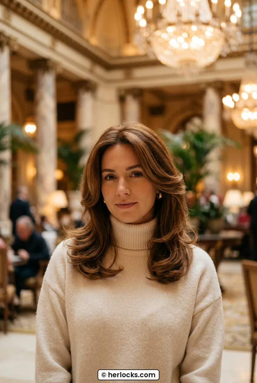 Woman with warm chestnut layered blowout and voluminous face framing layers