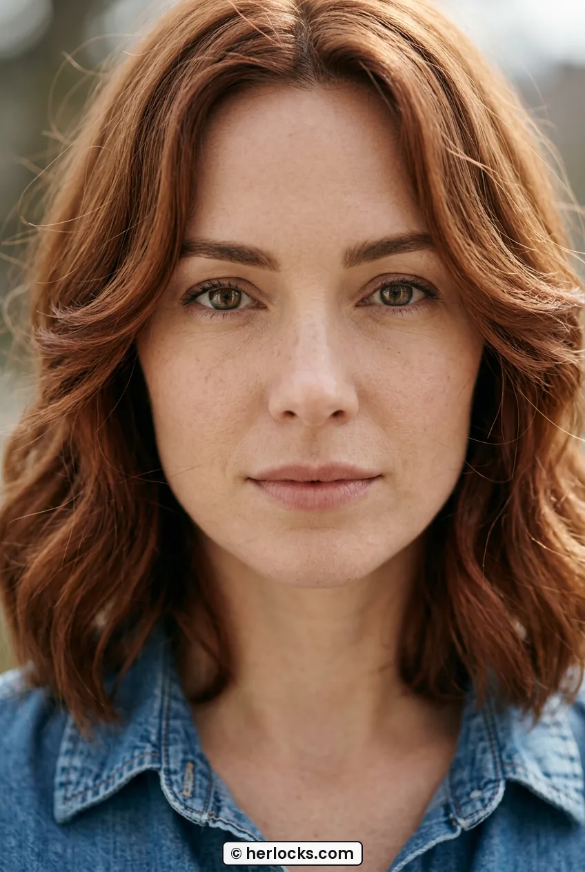 Woman with wavy auburn mid length hair showing soft lifted layers at cheekbones