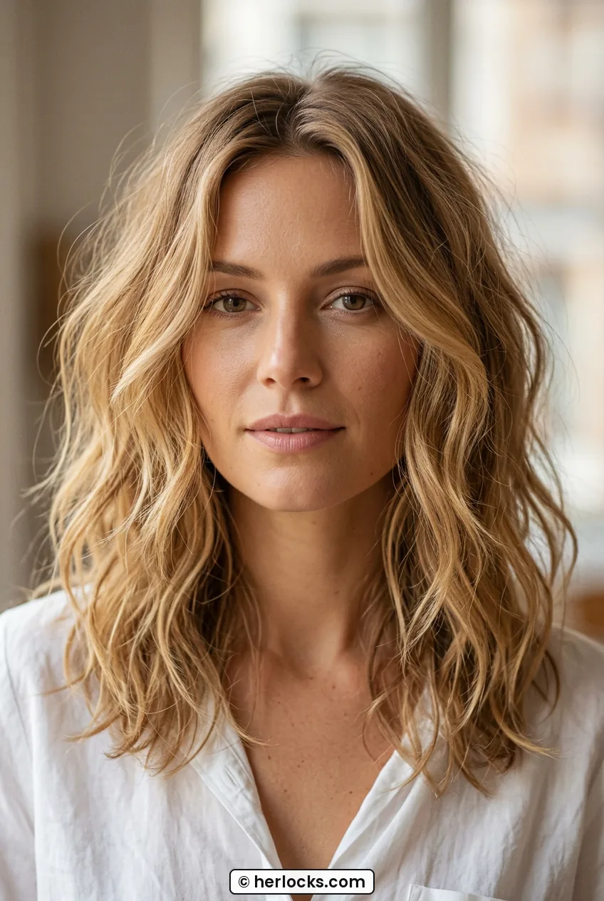 Woman with wavy honey blonde layers showing air-dried texture and soft tendrils