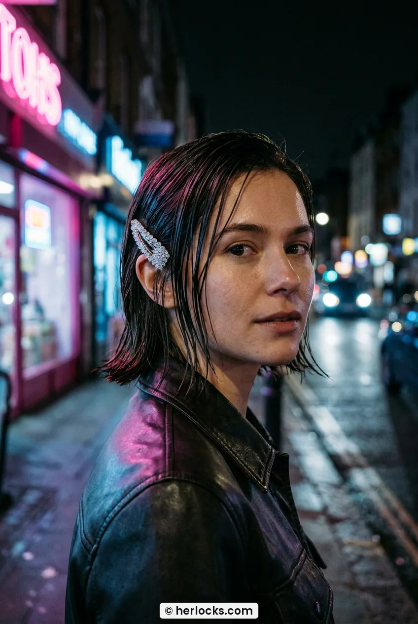 Woman with sleek wet-look chin bob with small crystal clip at night