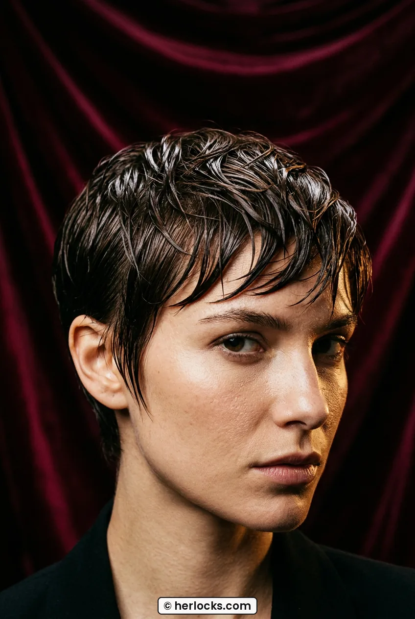 Woman with wet-look sculpted dark brown crop combed forward with glossy finish